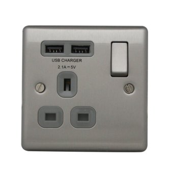 British General NBS21UG 1-Gang Switched Socket Outlet w/2USB 2.1A-Grey
