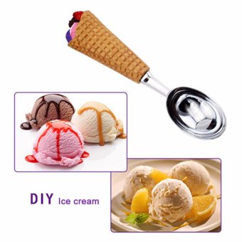 Hanyu DIY Lovely Resin Handle Stainless Steel Spoon Ice Cream Scoop Fruit Ball Cutter(Khaki) - intl