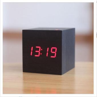 Modern Wooden Wood Digital LED Desk Alarm Clock Thermometer Timer Calendar Black Cover Red Light
