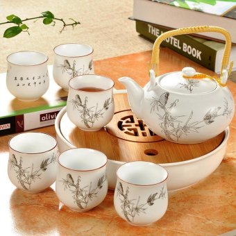 China Ceramic Chinese Porcelain Kung Fu Tea Set with Tea Tray, Jingdezhen Ceramic Large Tea Pot, 8-pack(Bamboo)   - intl