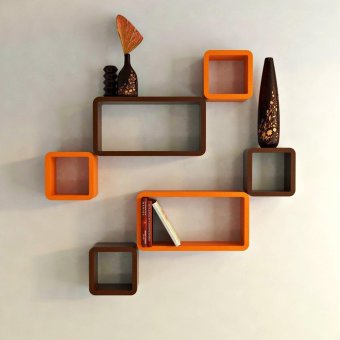 DecorNation Wall Shelf Set of Six Cube Rectangle Designer Wall Rack Shelves - Orange & Brown(Intl)
