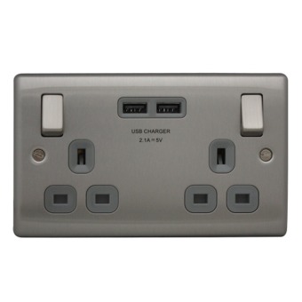 British General NBS22UG 2-Gang Switched Socket Outlet w/2USB 2.1A -Grey