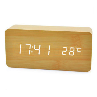 Wooden Table Alarm Clock Time Temperature LED Digital Display for Home Office Beige Cover White Light