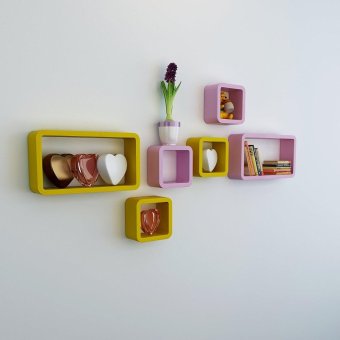 DecorNation Wall Shelf Set of Six Cube Rectangle Designer Wall Rack Shelves - Pink & Yellow(Intl)