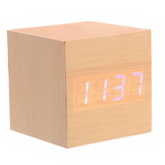 008-11 Mini Cube Shaped Voice Activated Blue LED Digital Wood Wooden Alarm Clock with Date /Temperature Light Yellow
