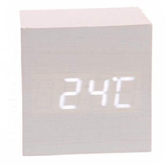 008-12 Mini Cube Shaped Voice Activated White LED Digital Wood Wooden Alarm Clock with Date /Temperature (Ivory)