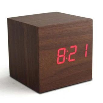 Modern Wooden Wood Digital LED Desk Alarm Clock Thermometer Timer Calendar Brown Cover Red Light