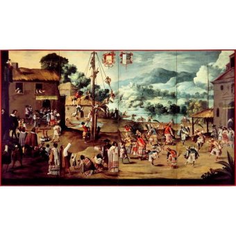 Jiekley Fine Art - Lukisan Folding Screen With Indian Wedding And Flying Pole Biombo Con Desposorio Indigena Y Palo Volador Karya Unknown - 1690
