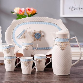 European Bone China Drinking ware 1 Pot 1 Plate 6 Mug Heat-resistant Ceramic Coffee Set China Porcelain Teapot Cold Tea Cup Water Pot - intl