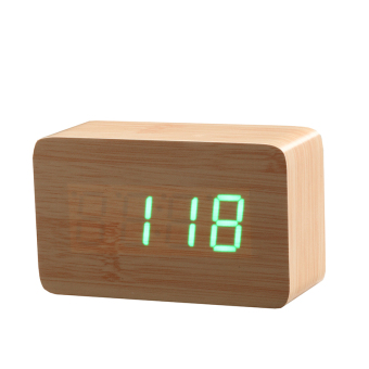 Modern Wooden Wood USB/AAA Digital LED Alarm Desk Clock Calendar Thermometer Beige Cover Green Light