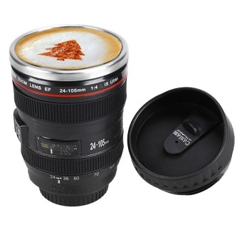 New 24-105mm Camera Lens Design Stainless Steel Leak-Proof lid Coffee Tea Cup 450ml Thermos Mug ( Black)