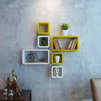 DecorNation Wall Shelf Set of Six Cube Rectangle Designer Wall Rack Shelves - Yellow & White(Intl)
