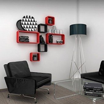 DecorNation Wall Shelf Set of Six Cube Rectangle Designer Wall Rack Shelves - Red & Black(Intl)