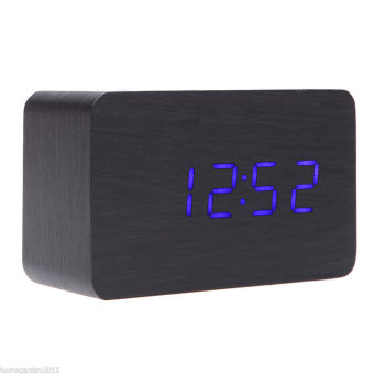 Modern Wooden Wood USB/AAA Digital LED Alarm Desk Clock Calendar Thermometer Black Cover Blue Light