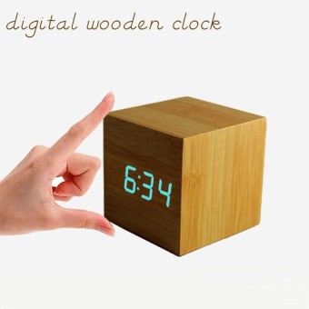 Modern Wooden Wood Digital LED Desk Alarm Clock Thermometer Timer Calendar Beige Cover Green Light