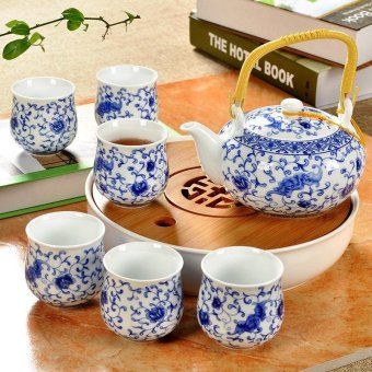 China Ceramic Chinese Porcelain Kung Fu Tea Set with Tea Tray, Jingdezhen Ceramic Large Tea Pot, 8-pack(Blue and White Porcelain)   - intl
