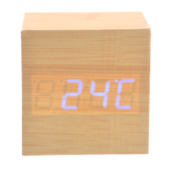 008-11 Mini Cube Shaped Voice Activated Blue LED Digital Wood Wooden Alarm Clock with Date /Temperature (Light Yellow)