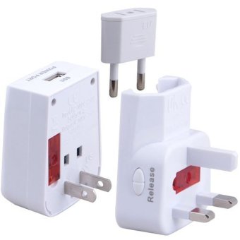 Adaptor All in 1 - EU + AU + UK + US Plug - World Universal Travel Adaptor with USB Output - Putih
