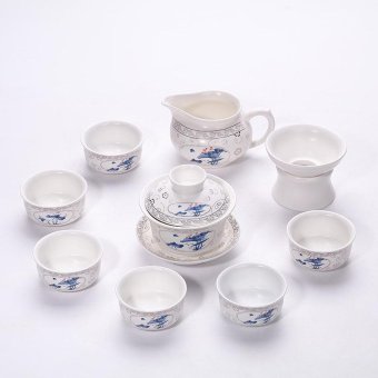 China Ceramic Chinese Porcelain Kung Fu Tea Set, Jingdezhen Matt Glaze Ceramic Tea Pot Cover bowl, 10-pack(Blue and Red Flowers) - intl