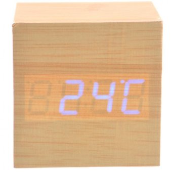 008-11 Mini Cube Shaped Voice Activated Blue LED Digital WoodWooden Alarm Clock with Date /Temperature (Light Yellow) - intl