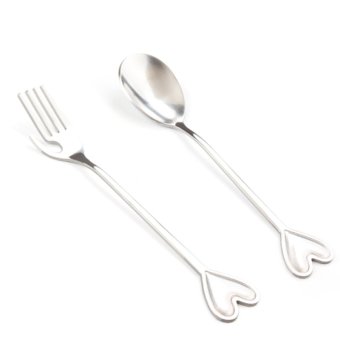 Cocotina 2pcs/Set Stainless Steel Love Heart Stirring Spoon + Fork Wedding Party Supplies (Silver)