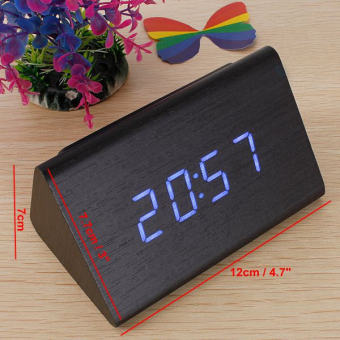 Classical Triangular Digital LED Wood Wooden Desk Alarm Clock Thermometer (Black)