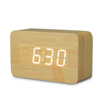 Modern Wooden Wood USB/AAA Digital LED Alarm Desk Clock Calendar Thermometer Beige Cover White Light