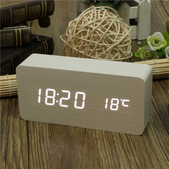 Wooden Table Alarm Clock Time Temperature LED Digital Display for Home Office White Cover White Light