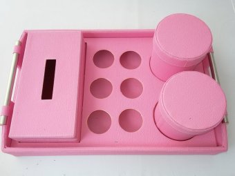 Anabelle Set Nampan Saji isi Kotak Kue Air Mineral dan Tissue - Bahan Kulit Vinyl Pink Muda