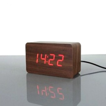 Modern Wooden Wood USB/AAA Digital LED Alarm Desk Clock Calendar Thermometer Brown Cover Red Light