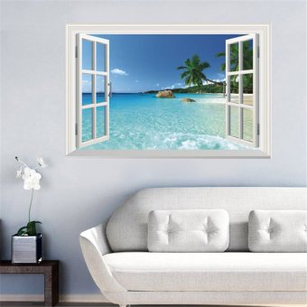 3D Windows Seaside Wall Sticker Decal Wallpaper PVC Mural Art House Decoration Home Picture Wall Paper for Adult Kids 60X90 - intl