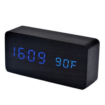 Wooden Table Alarm Clock Time Temperature LED Digital Display for Home Office Black Cover Blue Light