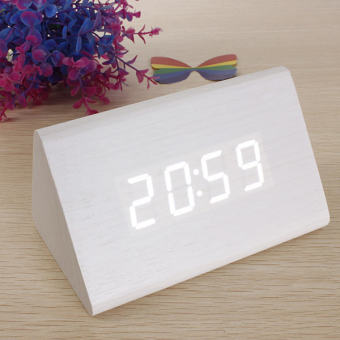 Classical Triangular Digital LED Wood Wooden Desk Alarm Clock Thermometer (White)