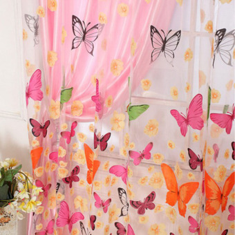 2PCS 1M*2M Romantic Washable Window Door Curtains Sheer Voile Tulle for Bedroom Living Room Balcony Kitchen Shop Decoration Colorful Printed Butterfly Flower Pattern Sun-shading Curtain Home Textile Decor 