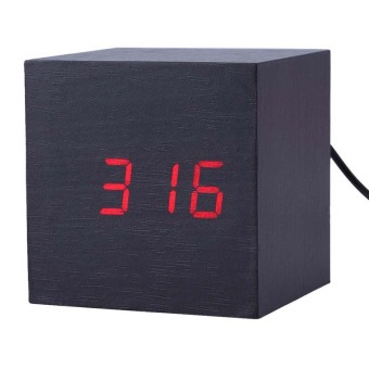 Cube Wooden Digital Alarm Clock Sound-Sensitive Red LED (Black)