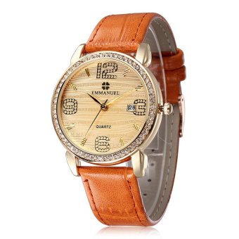 ooplm Hot Sale Quartz Watch Women Fashion Casual Watches Rhinestones Leather Rose Gold Plated Case Women Calendar Wristwatch (Orange)