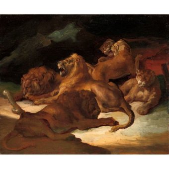 Jiekley Fine Art - Lukisan Lions in a Mountainous Landscape Karya TheÌodore Gericault - 1818-1820