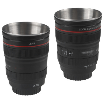DSLR Lens Style Stainless Steel Interior Coffee Mug Cup Set of 2 (Black)