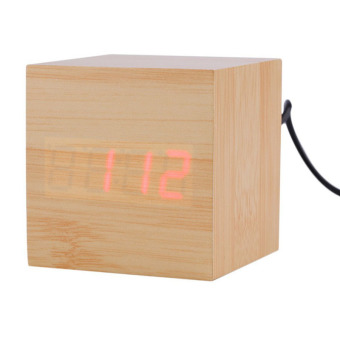 Cube Wooden Digital Alarm Clock Sound-Sensitive Red LED (Beige)