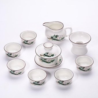 China Ceramic Chinese Porcelain Kung Fu Tea Set, Jingdezhen Matt Glaze Ceramic Tea Pot Cover bowl, 10-pack(Green Leaves and Purple Flowers) - intl