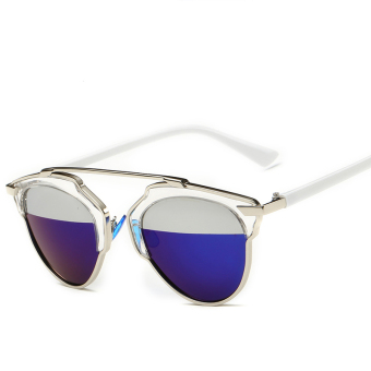 2016 New Cat Eye Aviator Sunglasses Women Vintage Fashion Metal Frame Mirror Sun Glasses Unique Flat Ladies Sunglasses UV400 (Blue)