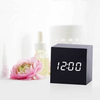 Modern Wooden Wood Digital LED Desk Alarm Clock Thermometer Timer Calendar Black Cover White Light