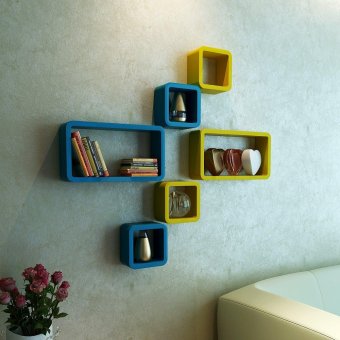 DecorNation Wall Shelf Set of Six Cube Rectangle Designer Wall Rack Shelves - Skyblue & Yellow(Intl)