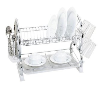 Rak Piring 2 Tier Cutlery Basket Dish Utensil Drying Rack, Silver