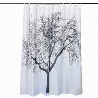 Wholesale Price 180x180cm Waterproof Black Scenery Tree Design White Fabric Bathroom Shower Curtain Liner Hooks Polyester