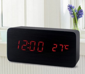 Wooden Table Alarm Clock Time Temperature LED Digital Display for Home Office Black Cover Red Light