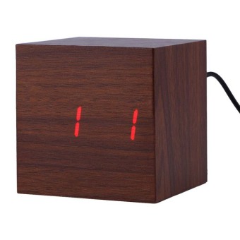 Cube Wooden Digital Alarm Clock Sound-Sensitive Red LED (Brown)