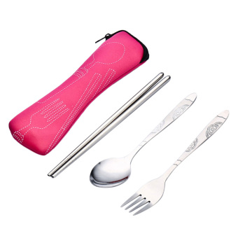 360DSC 3Pcs Stainless Steel Portable Tableware Dinnerware Travel Camping Cutlery Set Fork + Spoon + Chopsticks Set - Rosy