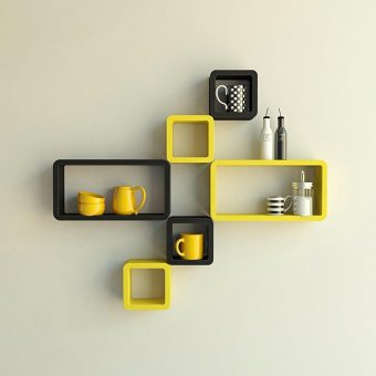 DecorNation Wall Shelf Set of Six Cube Rectangle Designer Wall Rack Shelves - Yellow & Black(Intl)