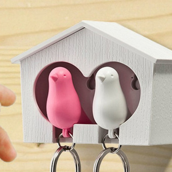 360DSC Couple Pair Sparrow Bird House Nest Whistle Key Ring Keyholder Keychain Hanger Rack - White House(Bird Color Random)